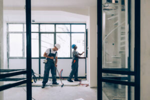 two colleagues doing construction work together in an unfinished building.