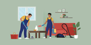 professional cleaning service workers dusting and washing the floor at home
